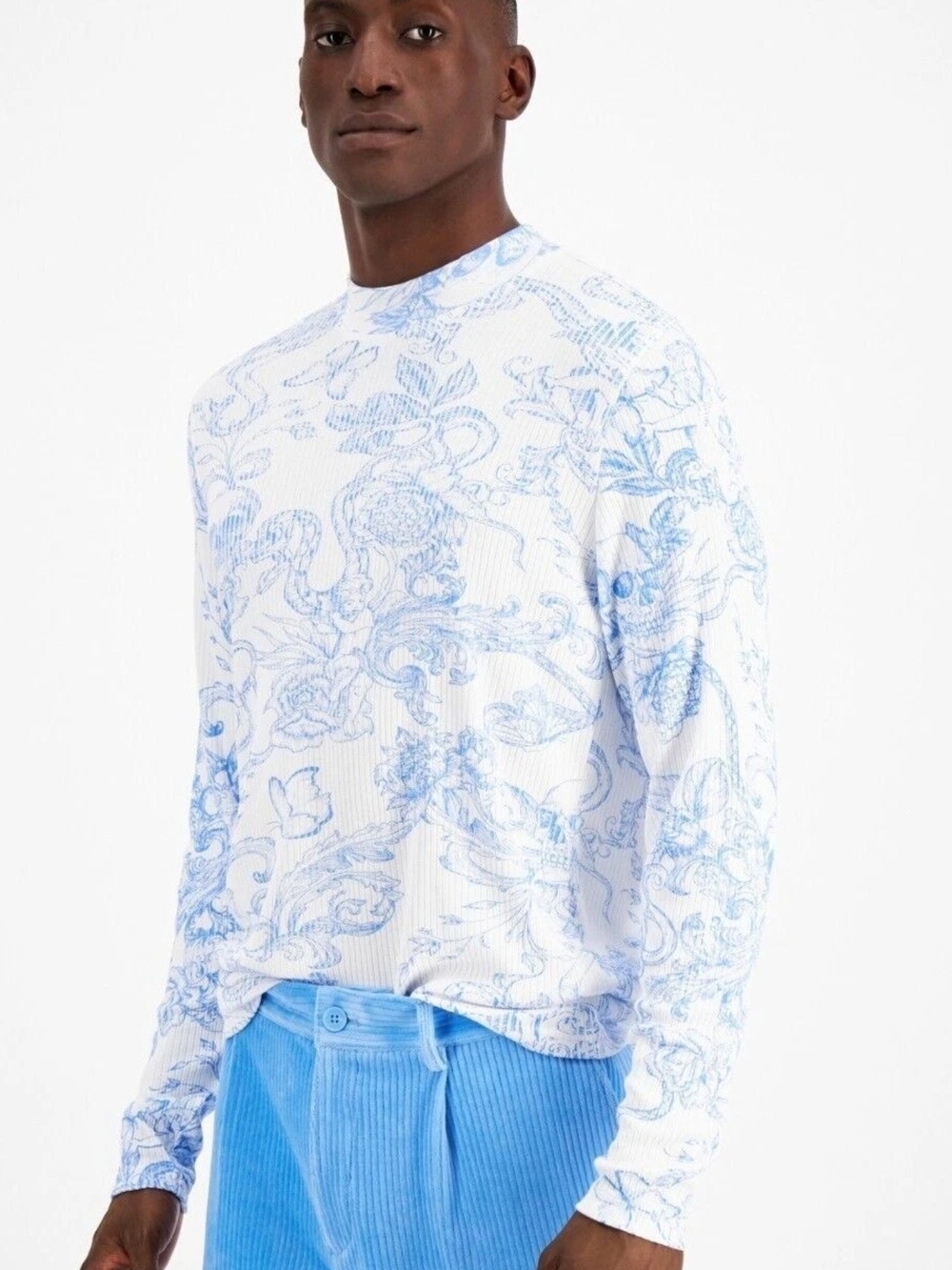 INC International Concepts NWT L Blue White Floral Skull Ribbed Mock Neck Top